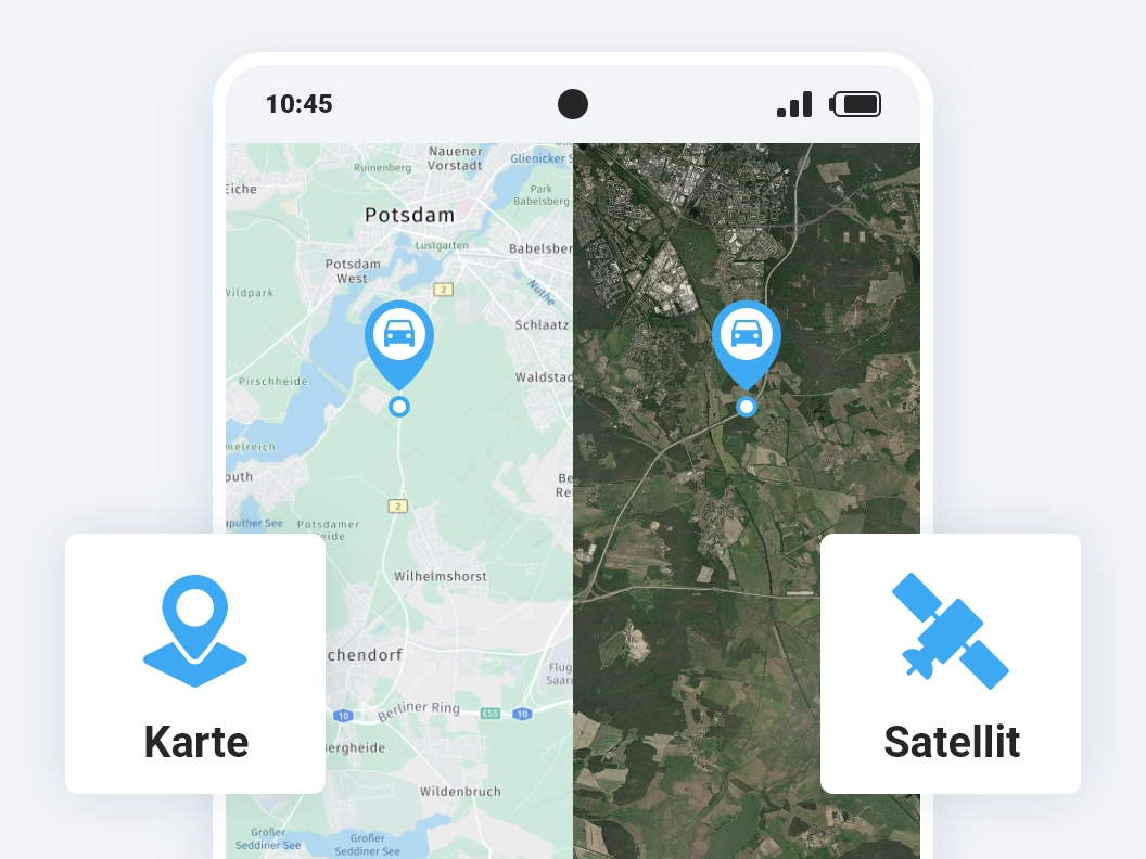 Satellitenansicht einer Fahrtroute im autoaid Fahrtenbuch