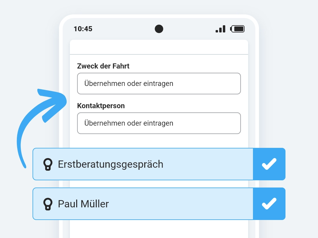 Intelligente Vorschläge für Kunde und Fahrtzweck